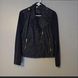 Forever 21 Navy Quilted Leather Jacket with Gold Details